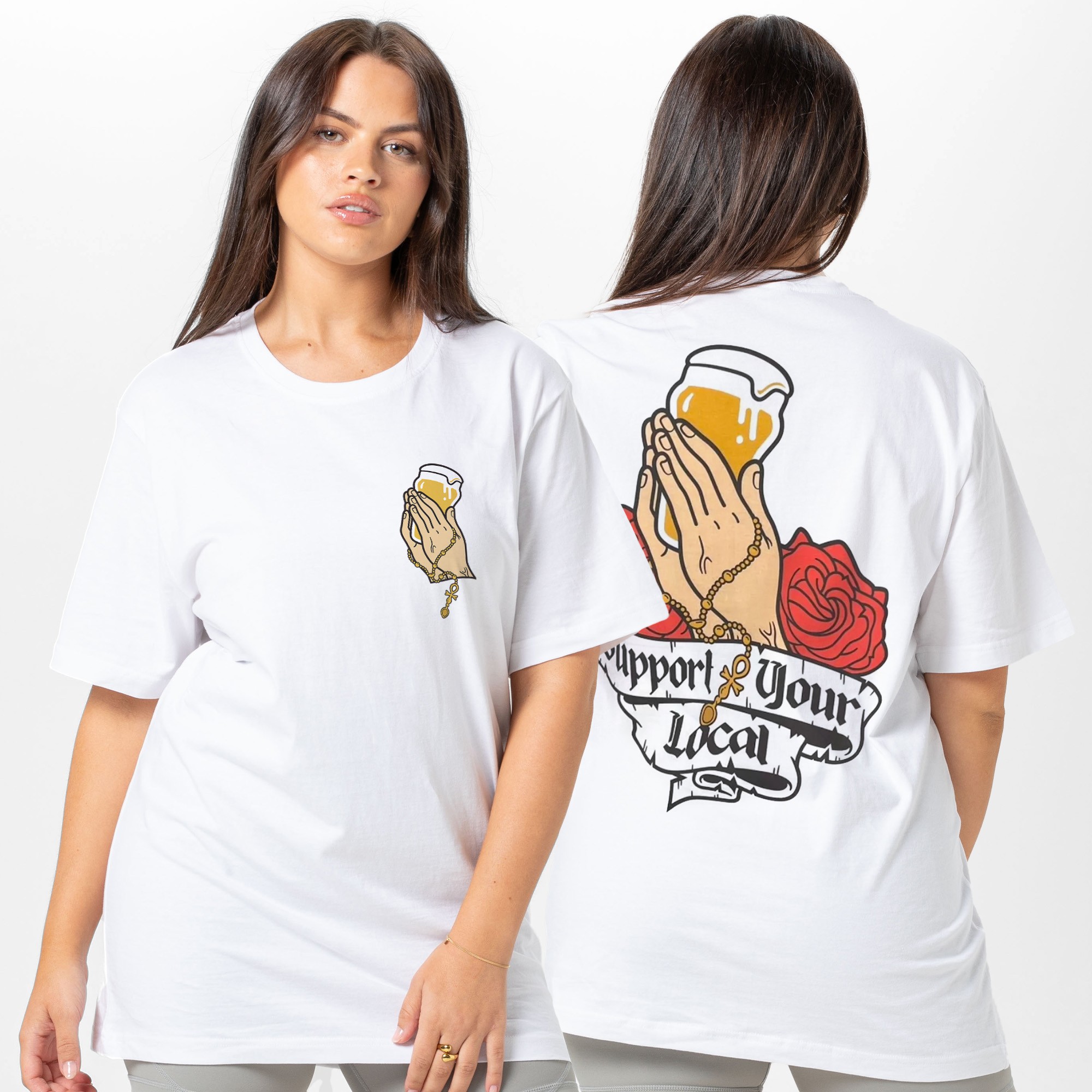 SUPPORT YOUR LOCAL FRONT AND BACK WHITE TEE