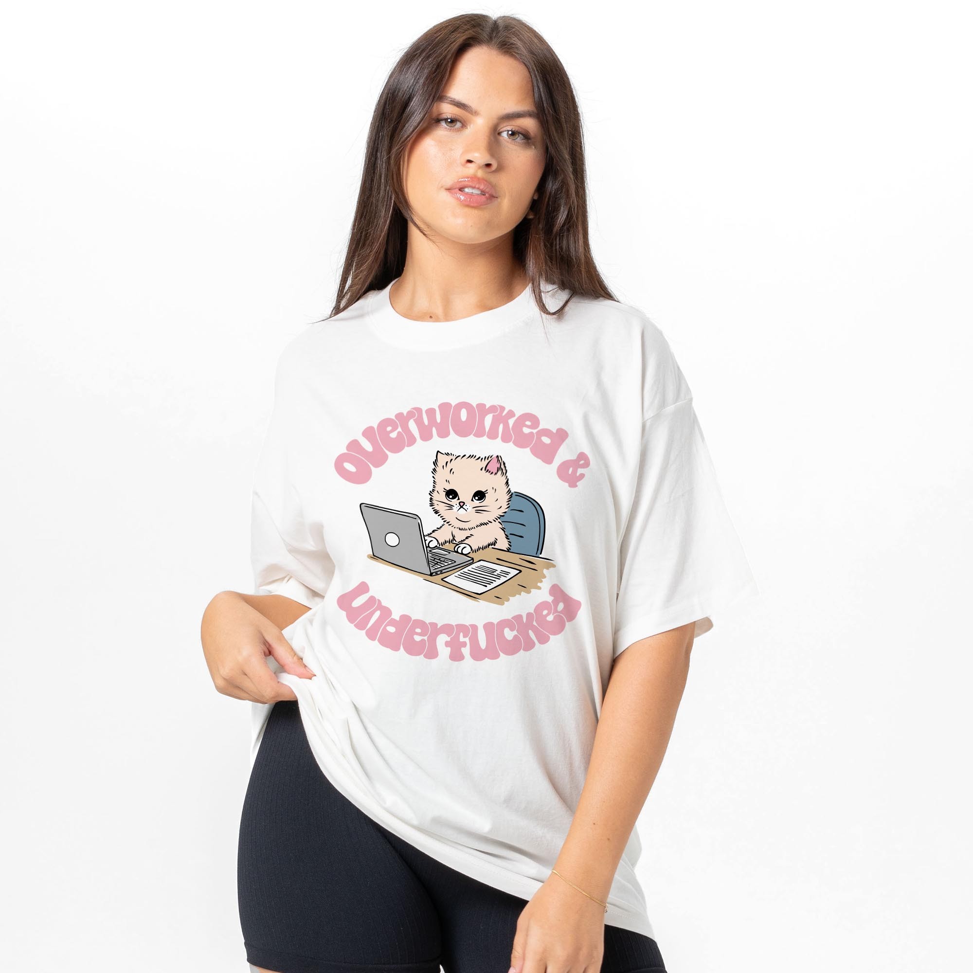 OVERWORKED CAT WHITE TEE